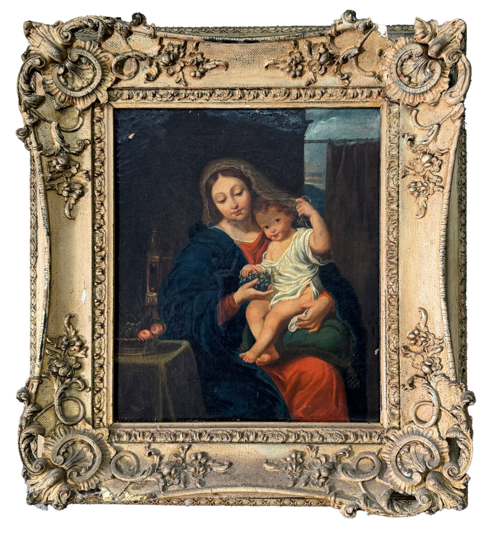 Religious Painting of Madonna and Child with Ornate Frame: This is a religious painting of the Madonna and Child, rendered in a traditional style, possibly inspired by Renaissance artwork. The painting is set in an ornate gilded wooden frame with a floral and