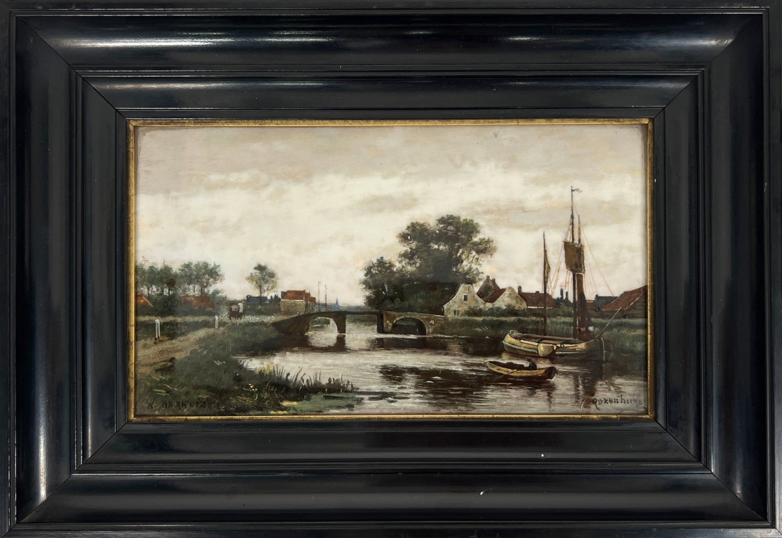 Dutch Rozenburg Canal Scene: Oil on porcelain painting depicting a tranquil canal landscape. The scene features a stone bridge spanning a placid waterway, with moored boats and rural buildings along the shore. Trees and vegetatio