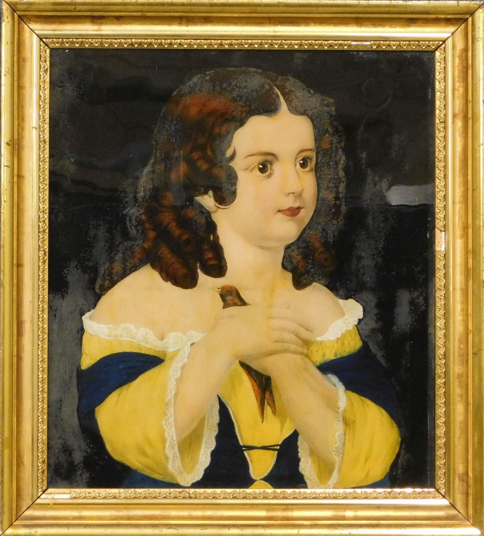 19th C. Eglomise Portrait of a Young Girl and Bird (1 of 2)