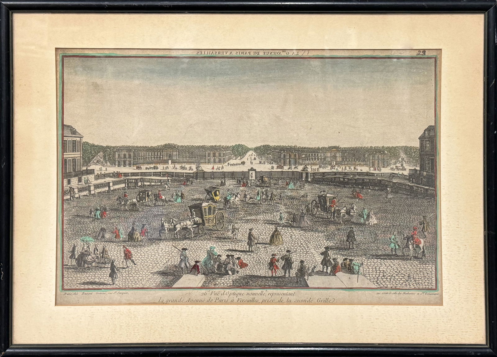 Hand-Colored Engraving, The great avenue of Paris in Versailles (1 of 2)