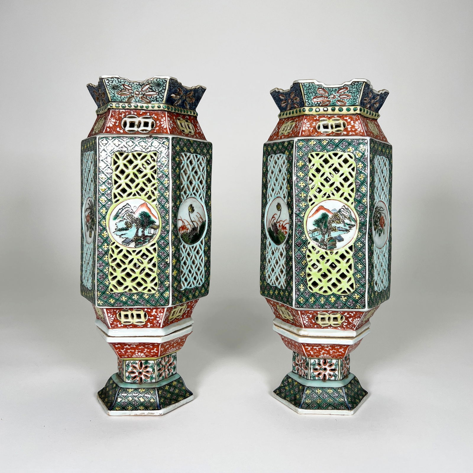 Pair of Chinese Famile Verte Wedding Lanterns: Pair of Chinese famile verte reticulated porcelain wedding lanterns. 12"H