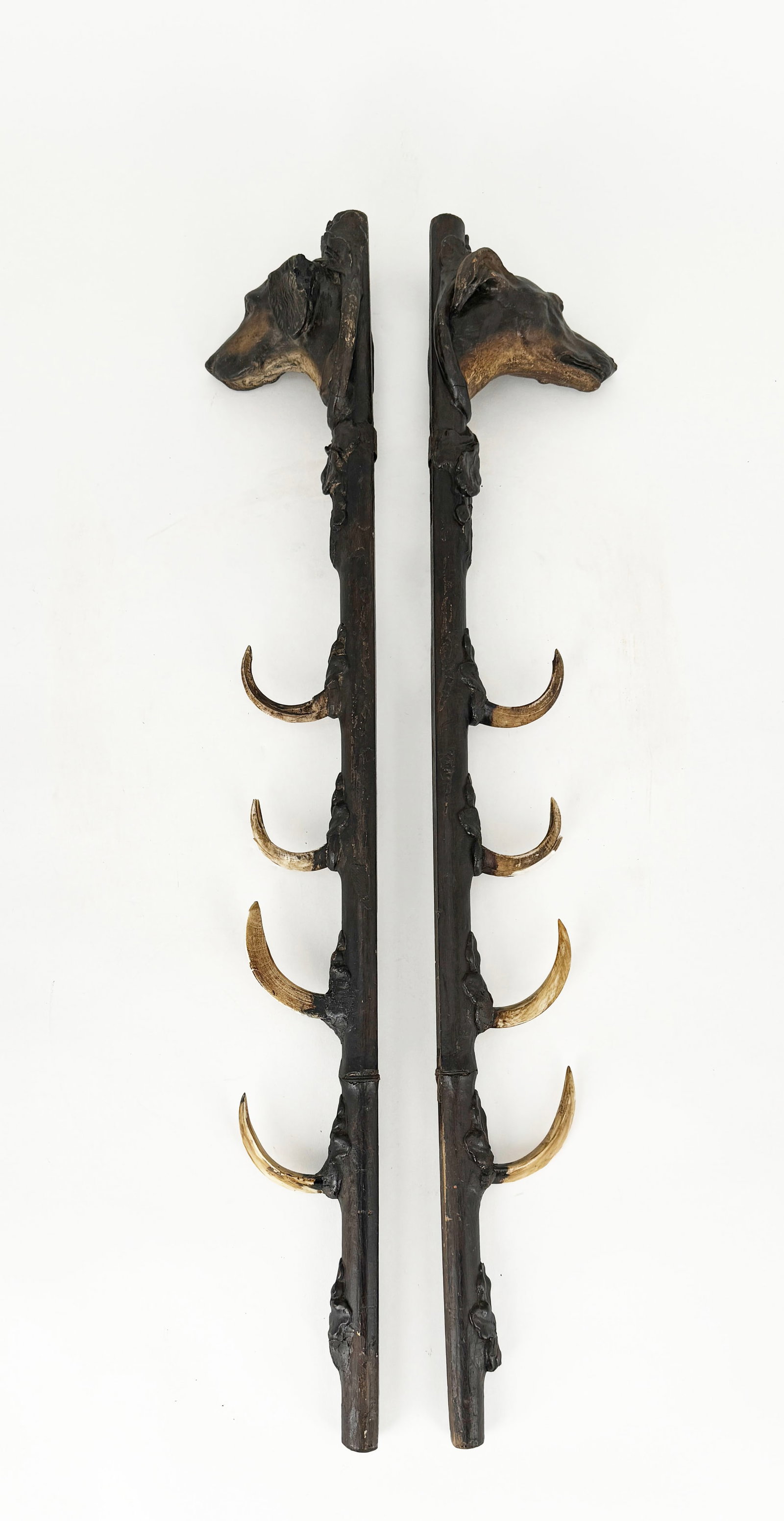 Pair of Black Forest Gun Holders: Late 19th century pair of Black Forest gun holders, wall hanging walnut brackets surmounted with carved dogs and inset with horns. Dimensions: 31.25'' x 1.75''