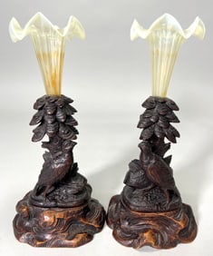Pair of Carved Wood Black Forest Bud Vases with Opalescent Glass Inserts