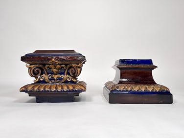 Pair of Ornate Cobalt and Gold Majolica Style Pedestal Bases