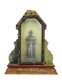 Colonial Carved and Polychrome Wood Santos Figure in Niche