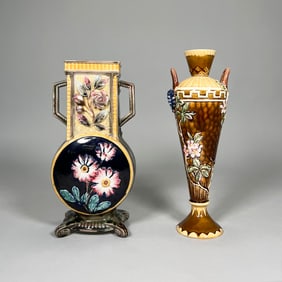 Set of Majolica Floral Vases with Dual Handles