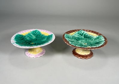 Pair of English Majolica Tazzas with Begonia Leaf Motif