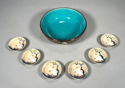 Rare Wedgwood Majolica Bowl & Six Japanese Small Bowls
