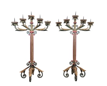 Pair of Wrought Iron Floor Standing Polychrome Candelabra
