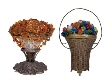 Two Czech Glass Beaded Floral Table Lamps