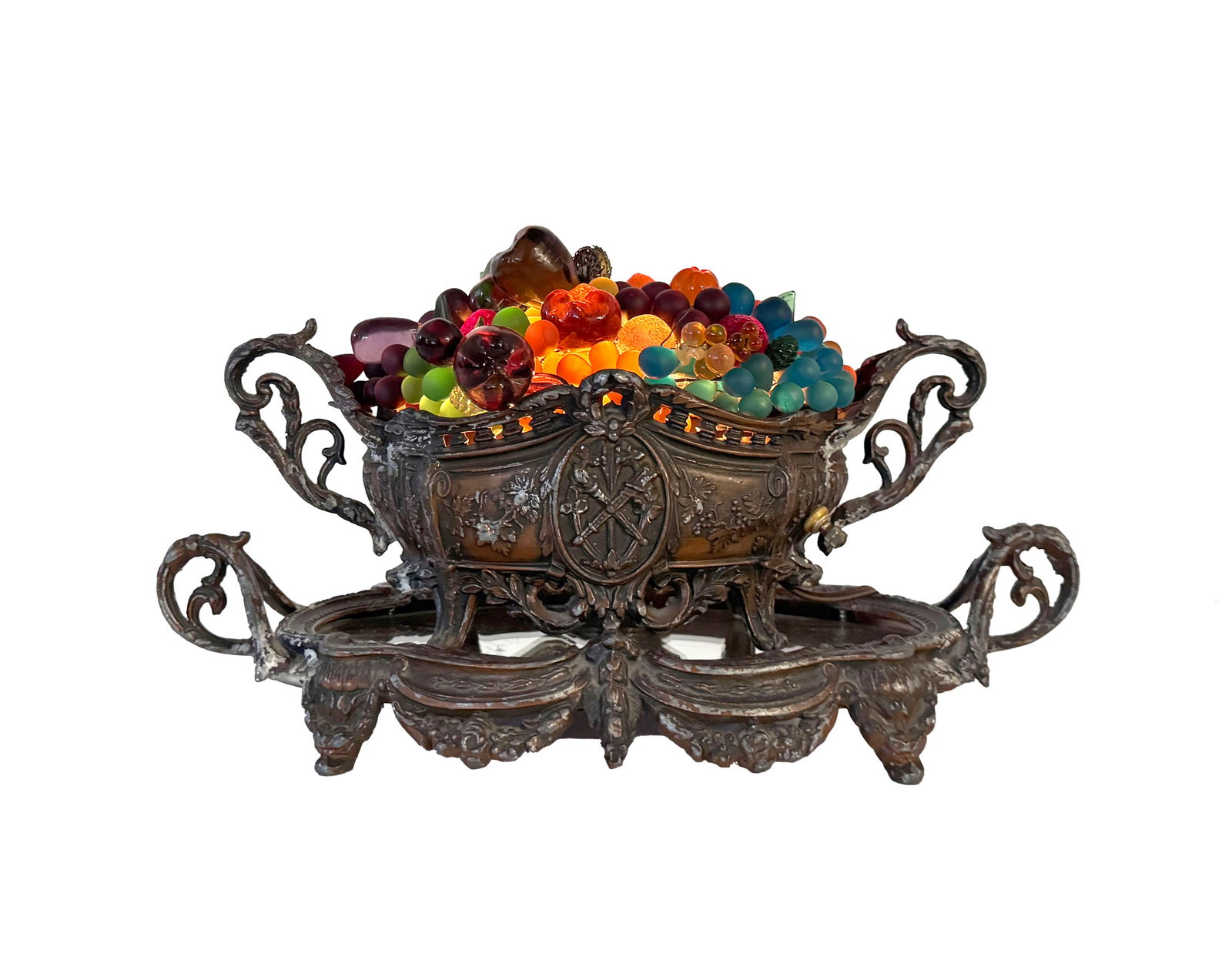 Czech Colored Glass Fruit Basket Table Lamp with Plateau (1 of 5)