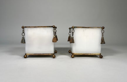 Pair of French Opaline Glass Cachepots with Tassel Accents