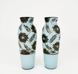 Pair of Light Blue Opaque Glass Vases with Floral Motif