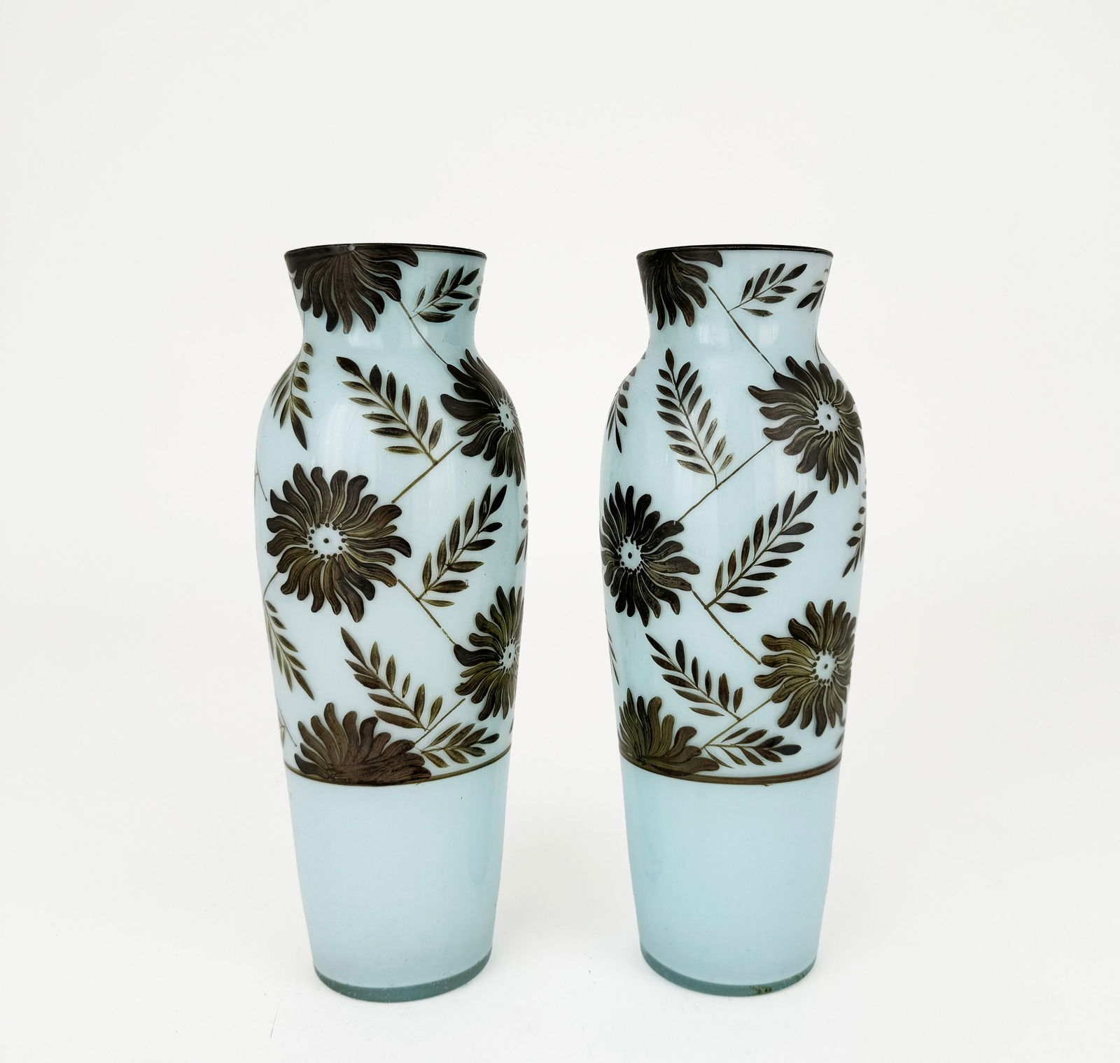 Pair of Light Blue Opaque Glass Vases with Floral Motif (1 of 3)