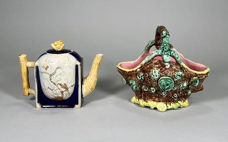 Majolica Pottery Teapot and Basket