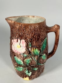 Majolica Tree Trunk Pitcher with Floral Decorations