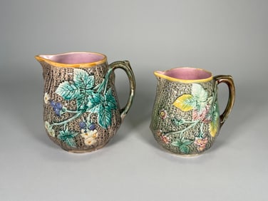 Two Majolica Tree Bark & Berry Motif Pitchers