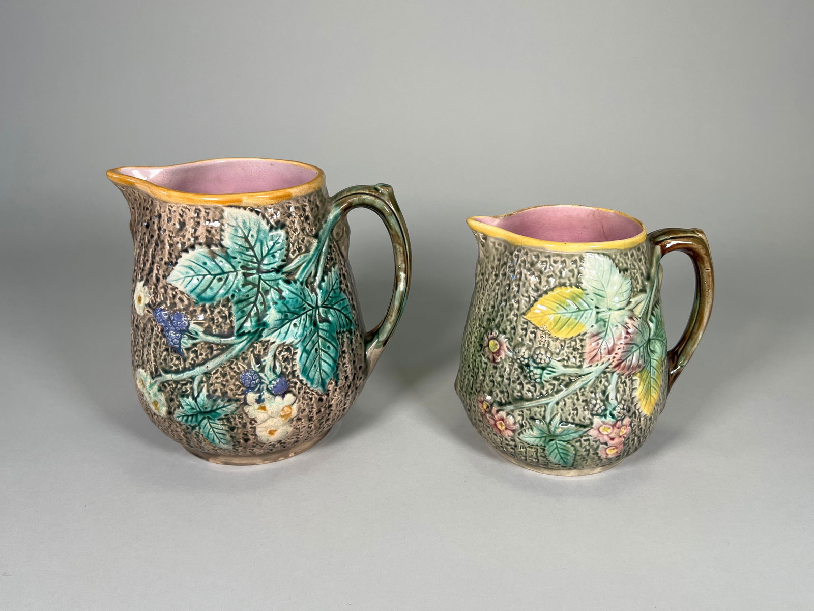Two Majolica Tree Bark & Berry Motif Pitchers (1 of 4)