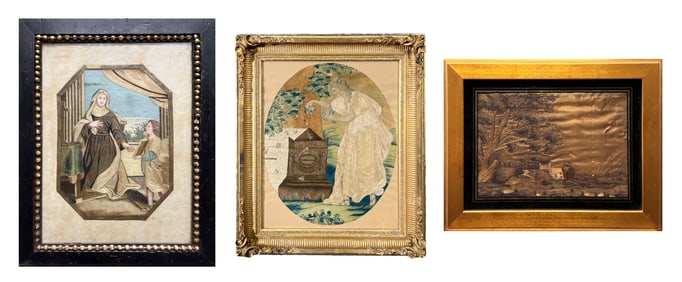 Three Framed 19th Century Silk Needlework Pictures