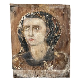 Carved and Enameled Religious Icon on Wood Panel