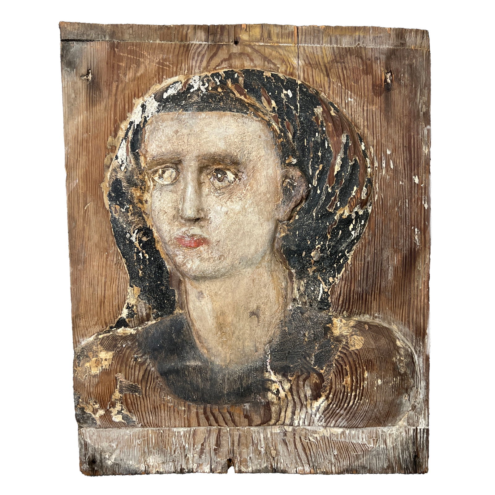 Carved and Enameled Religious Icon on Wood Panel (1 of 2)