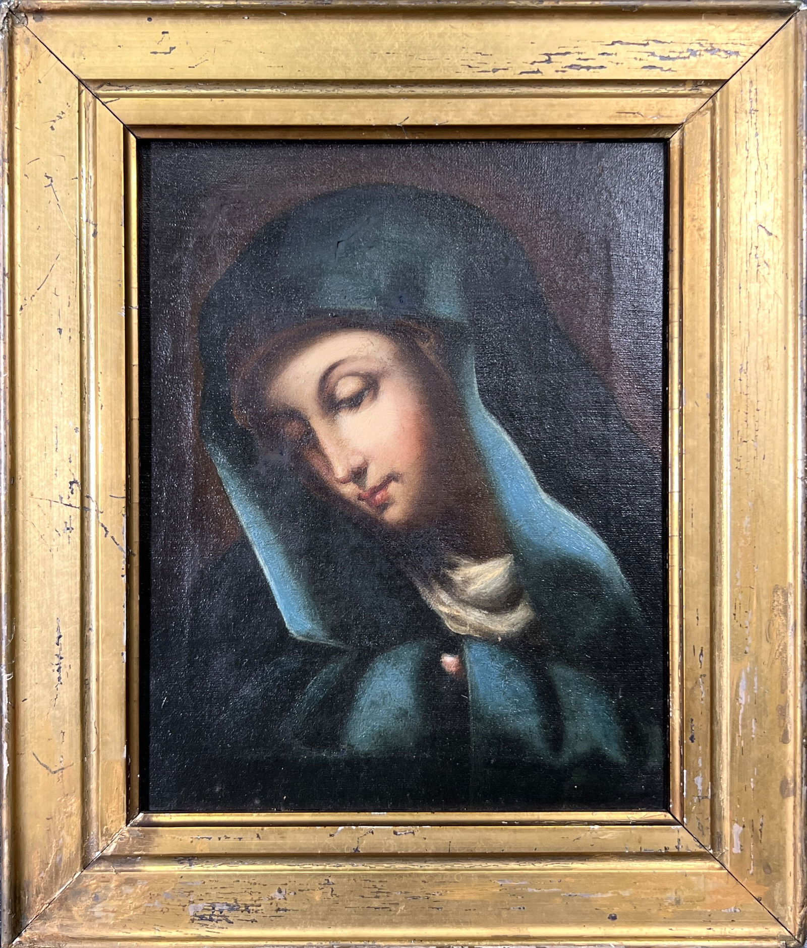 After Carlo Dolci Oil on Canvas of The Madonna: This oil on canvas painting presents a delicate and serene portrayal of the Virgin Mary, commonly referred to as the Madonna, Our Lady of Sorrows (Mater Dolorosa) after Carlo Dolci (1616 - 1686). 