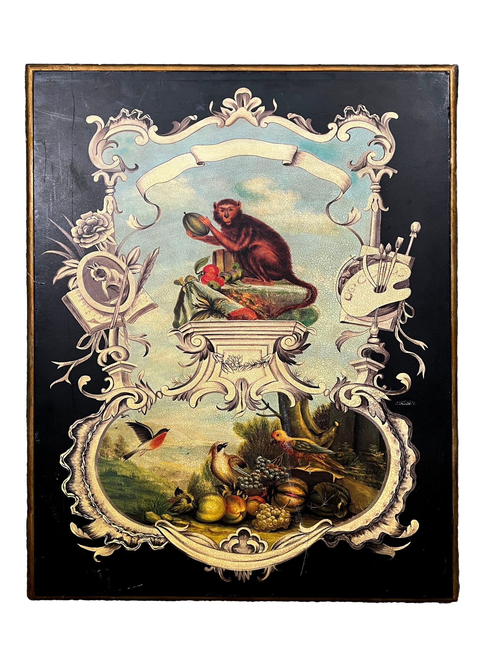 Jeanne Reeds Decorative Panel with Monkey and Still Life Motif: Jeanne Reed's Ltd, Williamsburg, VA, decorative panel. Dimensions: 40'' x 30''