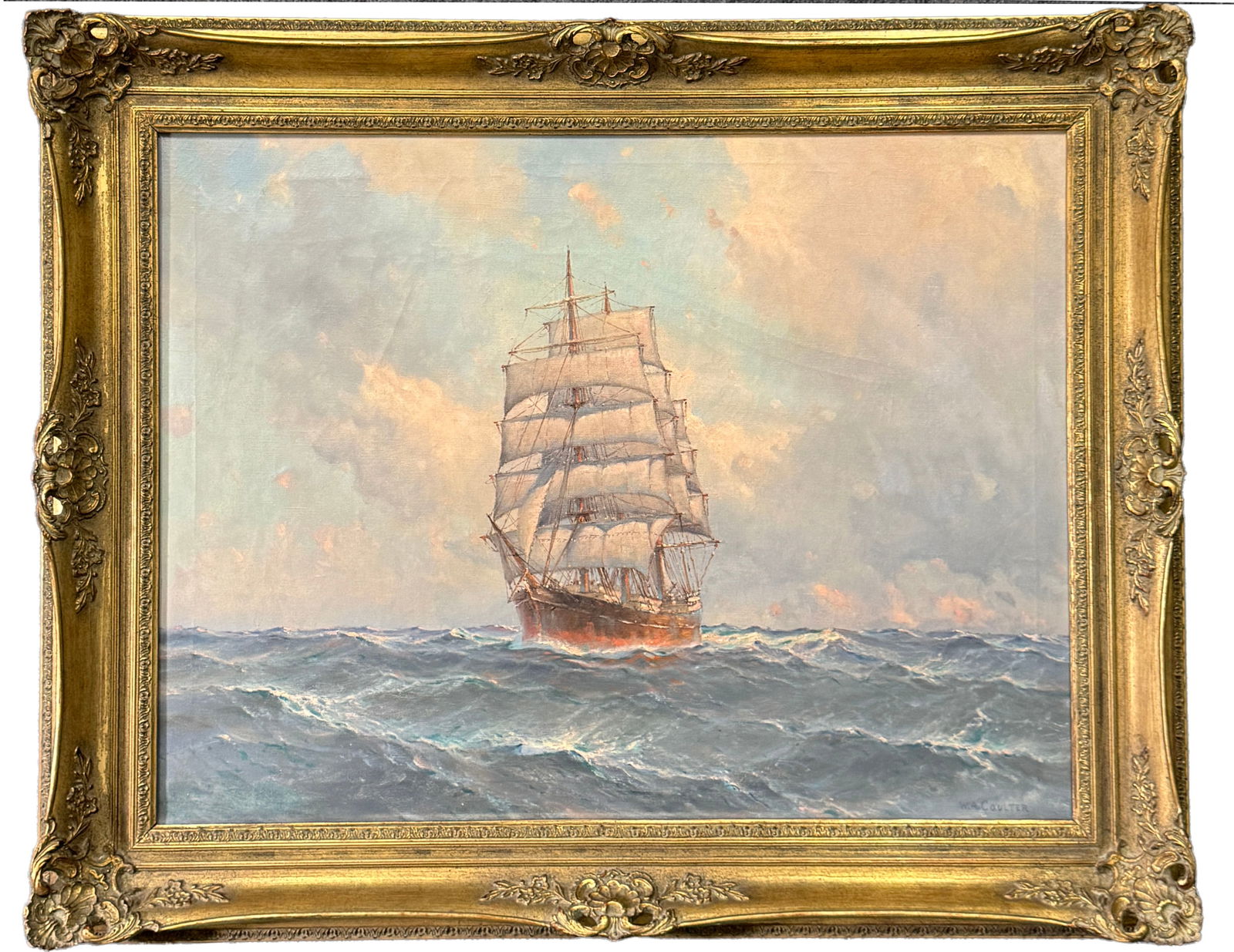 Oil on Canvas by William A. Coulter: William Alexander Coulter (1849 - 1936 US, Ireland) oil on canvas marine seascape, signed lower right 'W.A.Coulter', framed. Measures: 23" x 30.5" (sight)