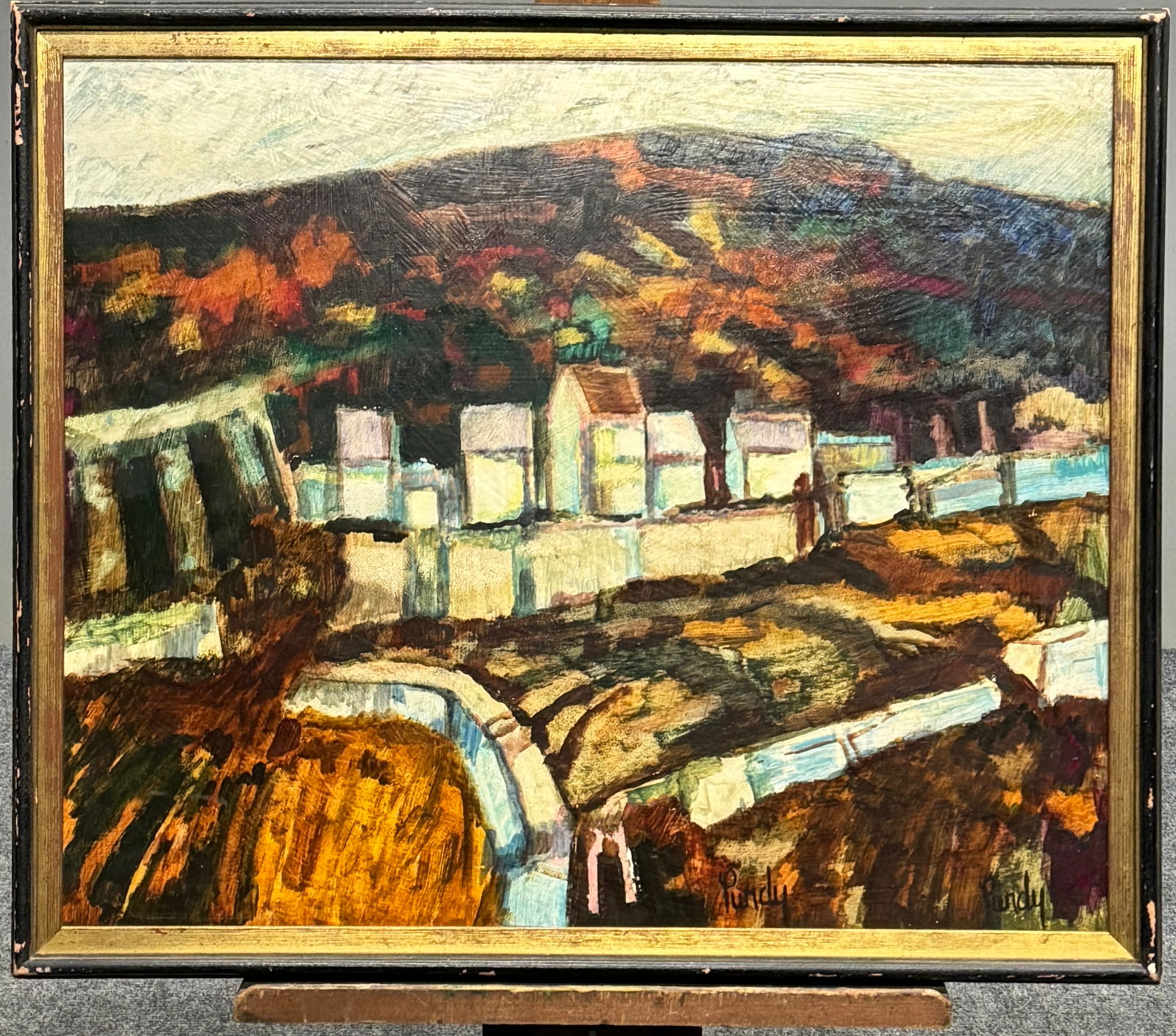 Oil on Board by Donald Purdy, 'Belgian Village': Donald Roy Purdy (1925 - 2016 Ct.). Framed oil on board 'Belgian Village', signed lower right, labeled verso. Dimensions: 19.5" x 23.5" (sight); 22" x 26" (framed)