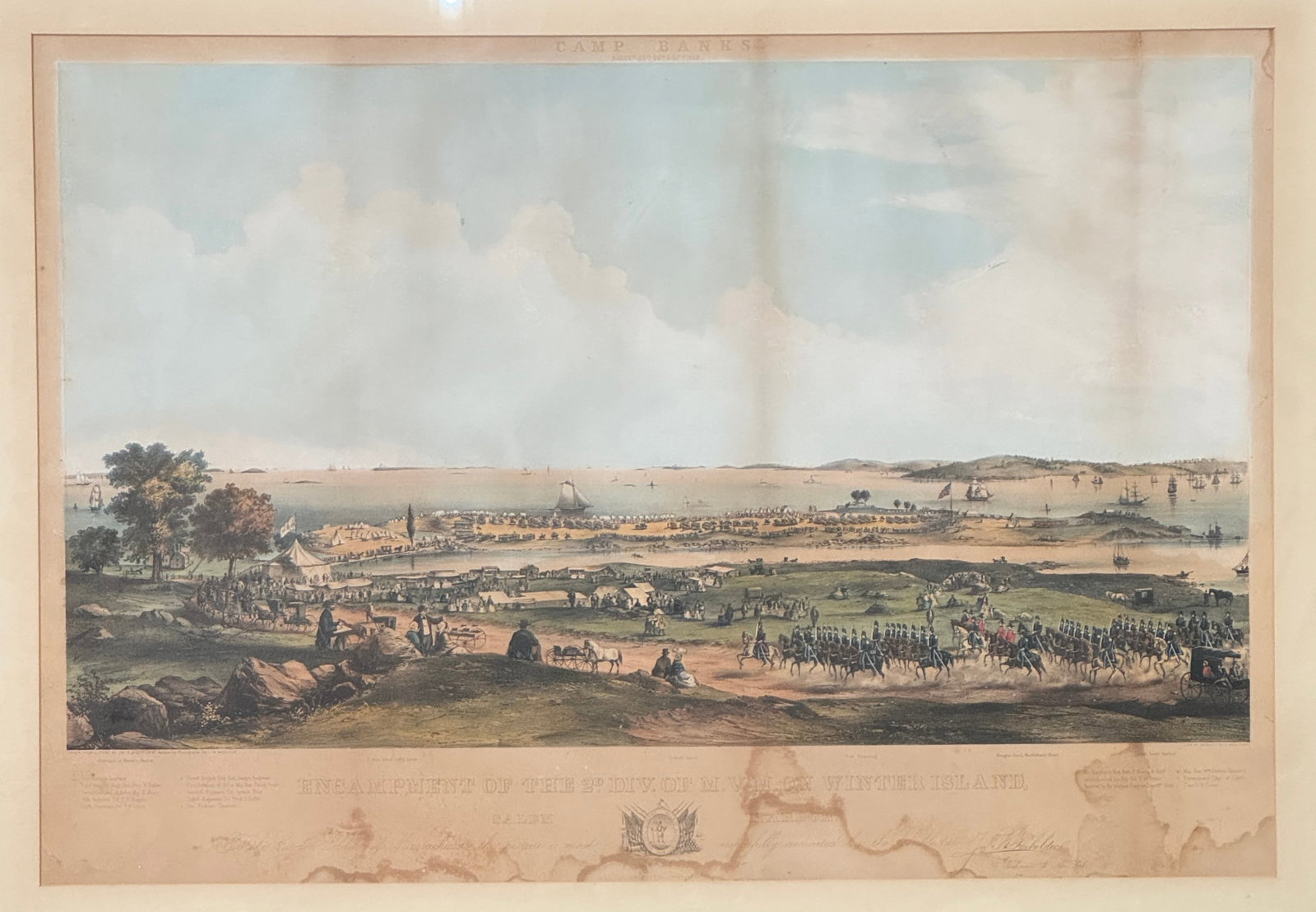 19th-Century Hand-Colored Lithograph of Encampment of the 2nd Division of M.V.M. on Winter Island,: This large-format 19th-century hand-colored lithograph depicts a detailed military encampment at Winter Island, Salem, Massachusetts, titled Encampment of the 2nd Division of M.V.