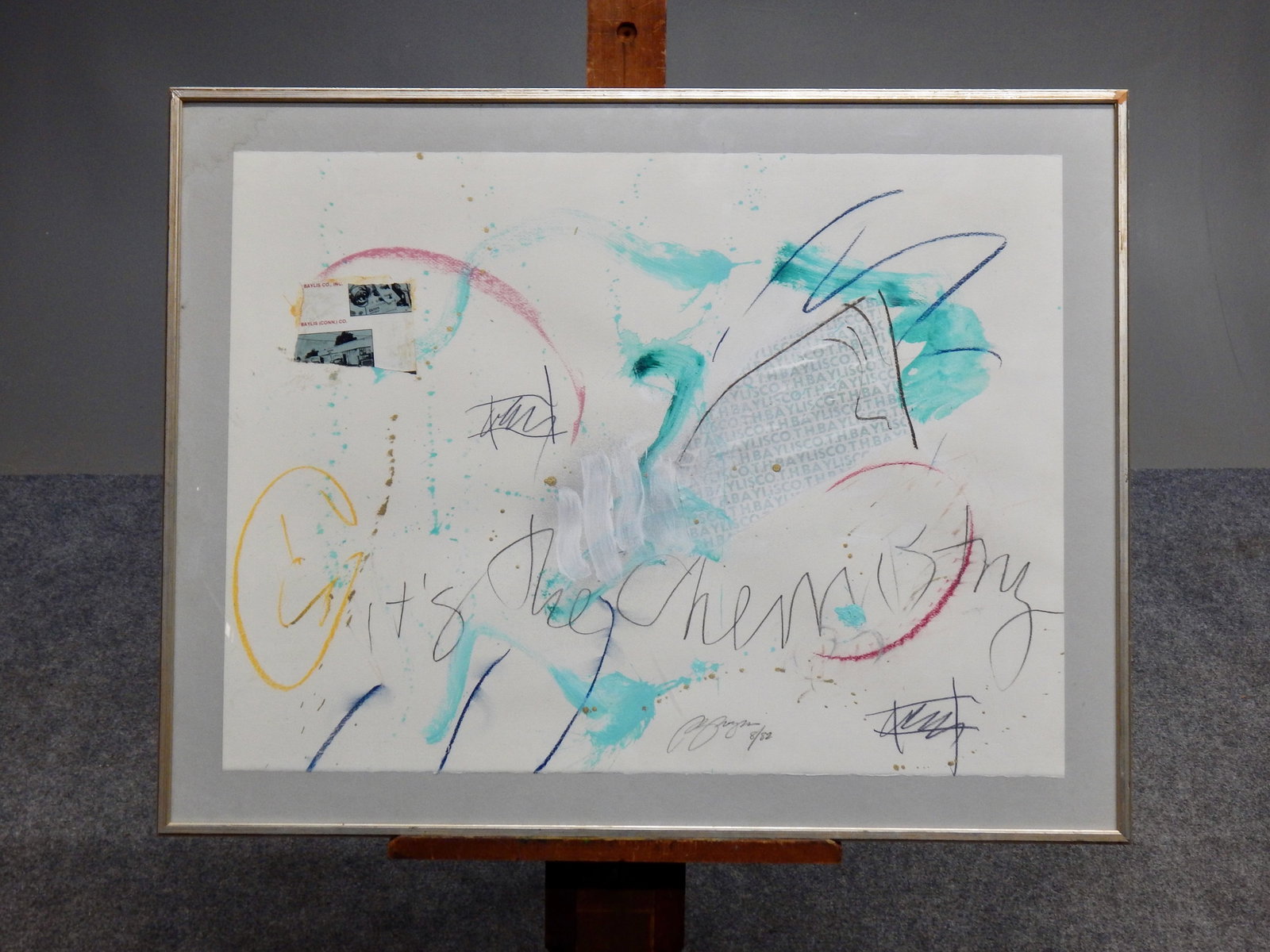 "it's the chemistry" Mixed Media: The artwork is an abstract composition incorporating a mix of media, including watercolor, ink, and collage elements, titled "it's the chemistry". The artwork is signed in the lower righ