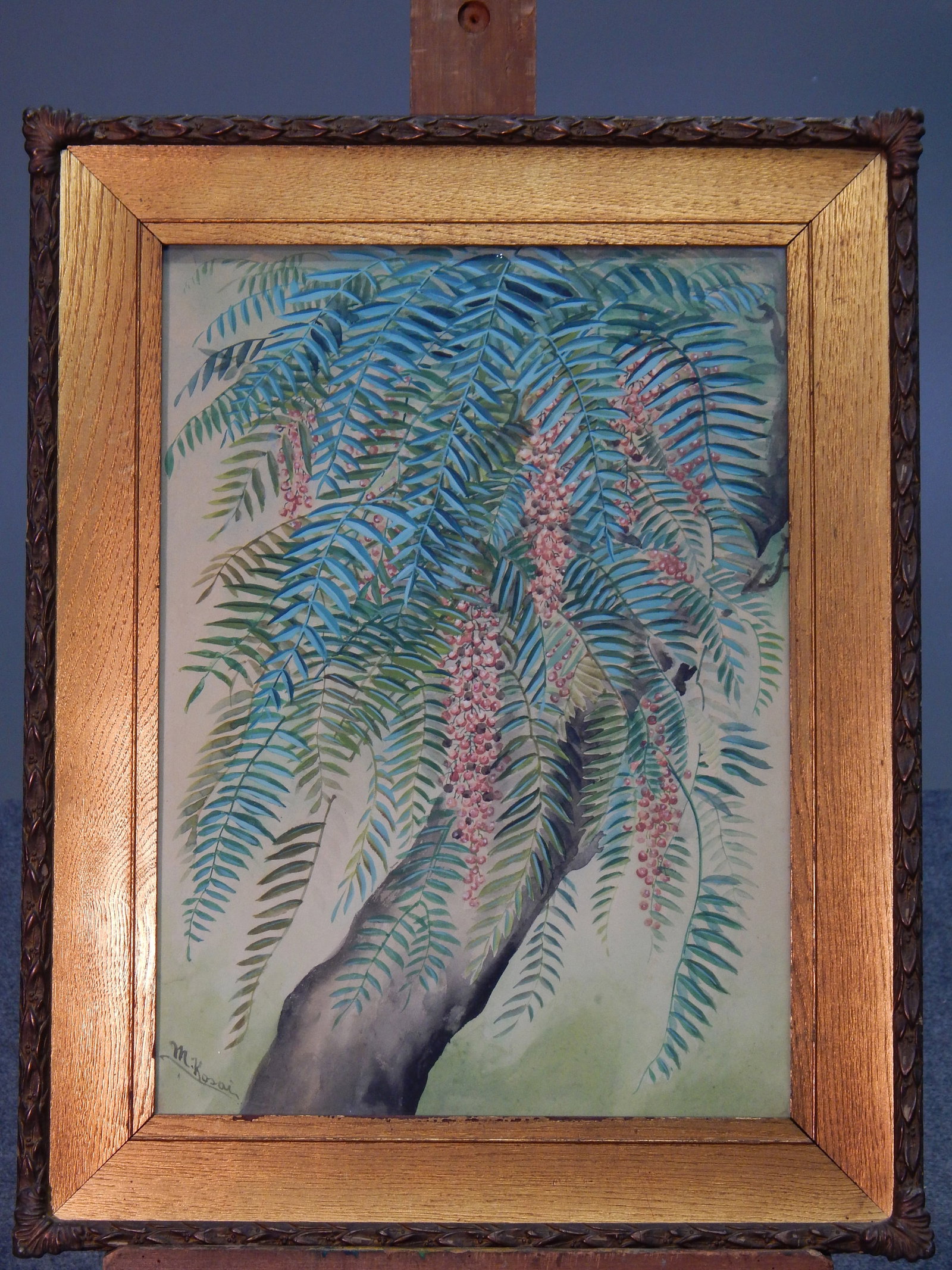 Tree Watercolor by M. Kosai: A watercolor painting depicting a lush branch of a tree with blue-green leaves and hanging clusters of pinkish-red berries. Signature "M. Kozai" is visible in the bottom left corner. Di