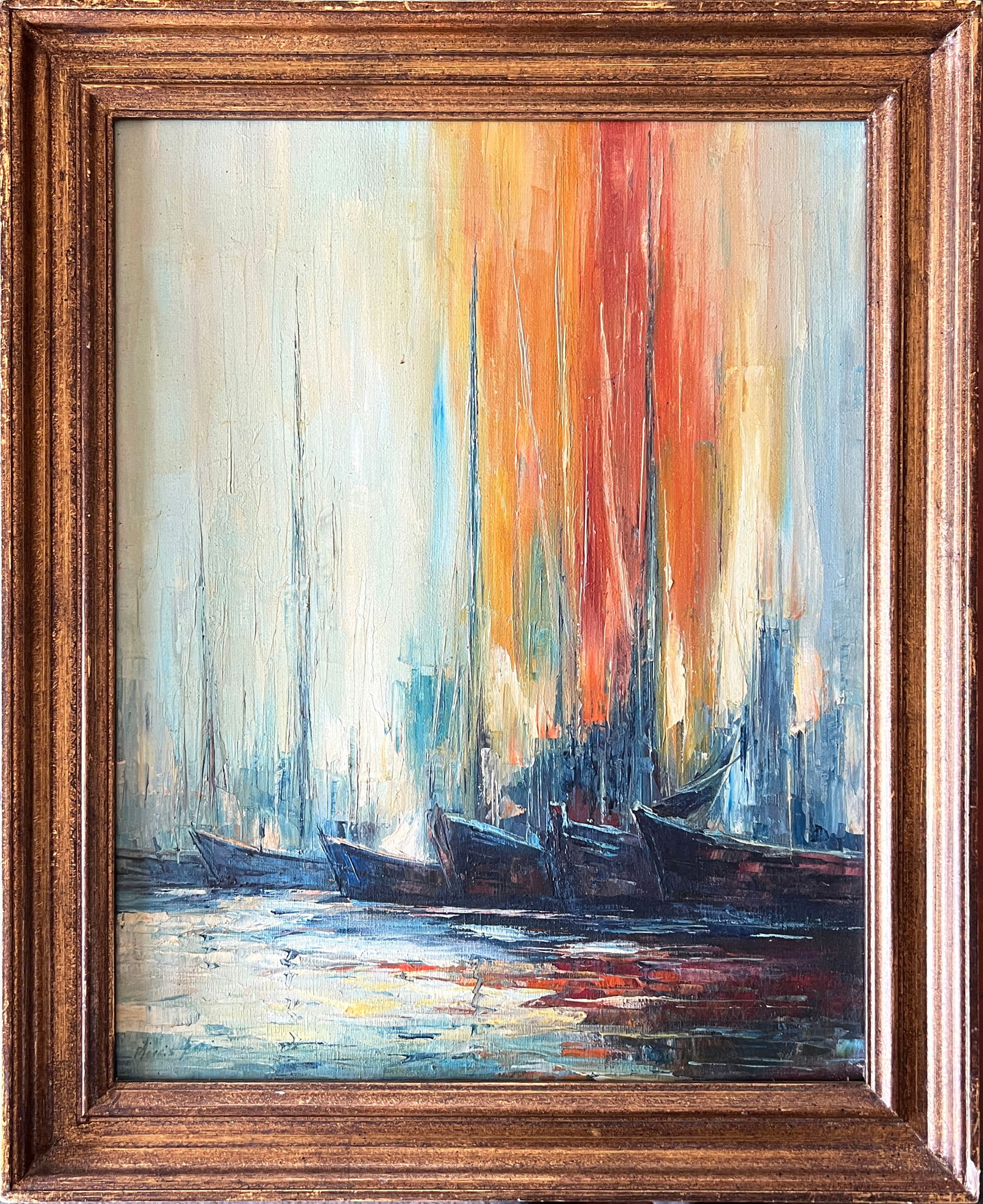Framed Mid-Century Abstract Harbor Scene with Sailing Boats (1 of 3)