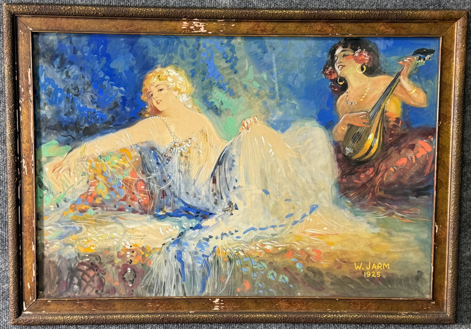 Art Deco Painting of Two Women by W. Jarm (1925): An Art Deco painting depicting two women. Signed "W. JARM 1925" in the lower right corner. Housed in a simple, dark wood frame. Dimensions: 23" x 33"