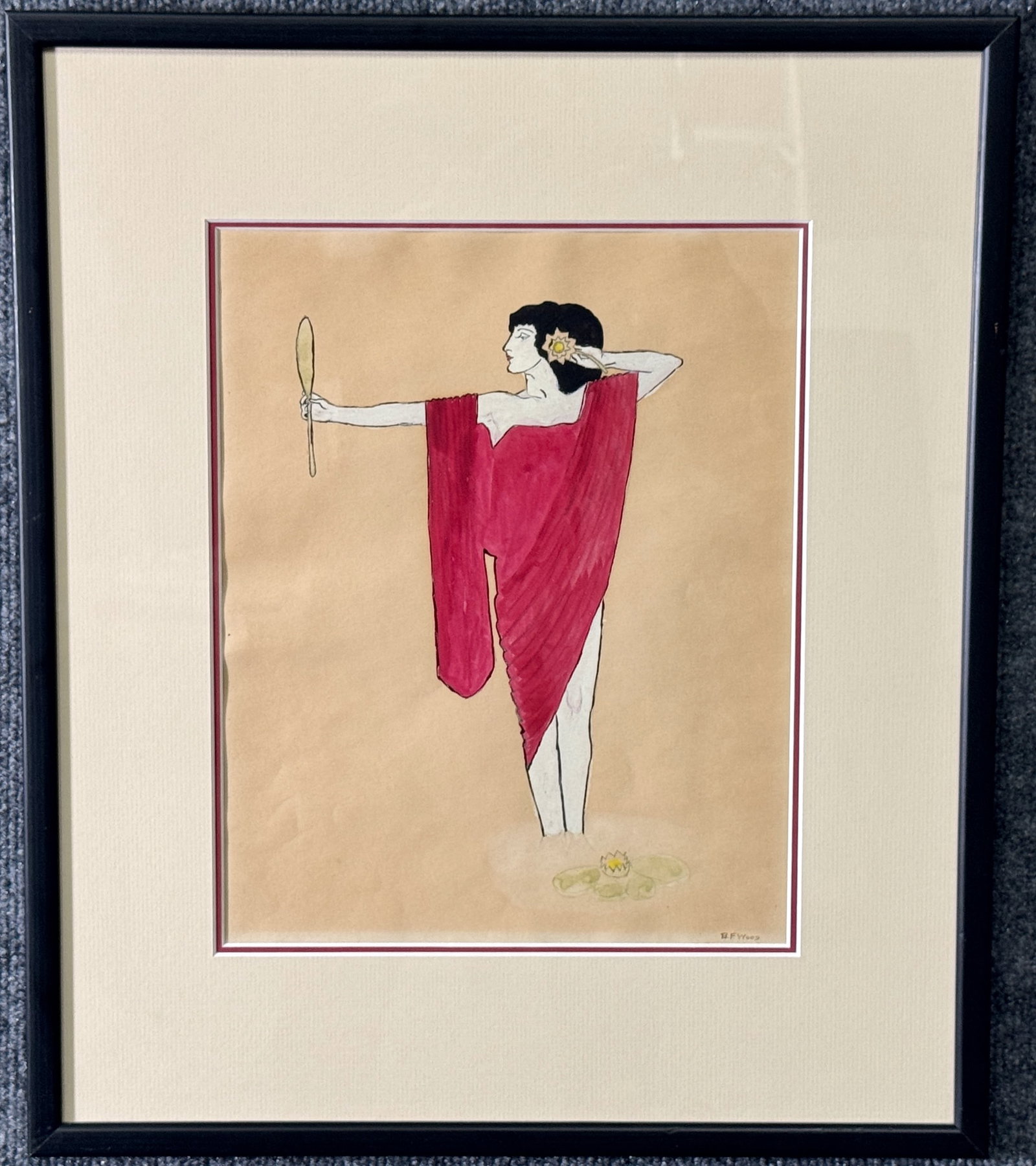 Watercolor Drawing of a Woman by B.F. Wood: Framed watercolor drawing depicting a stylized female figure in a red robe, holding a mirror. The style is reminiscent of Art Deco influences. The artist's signature, " B.F. Wood," is vi