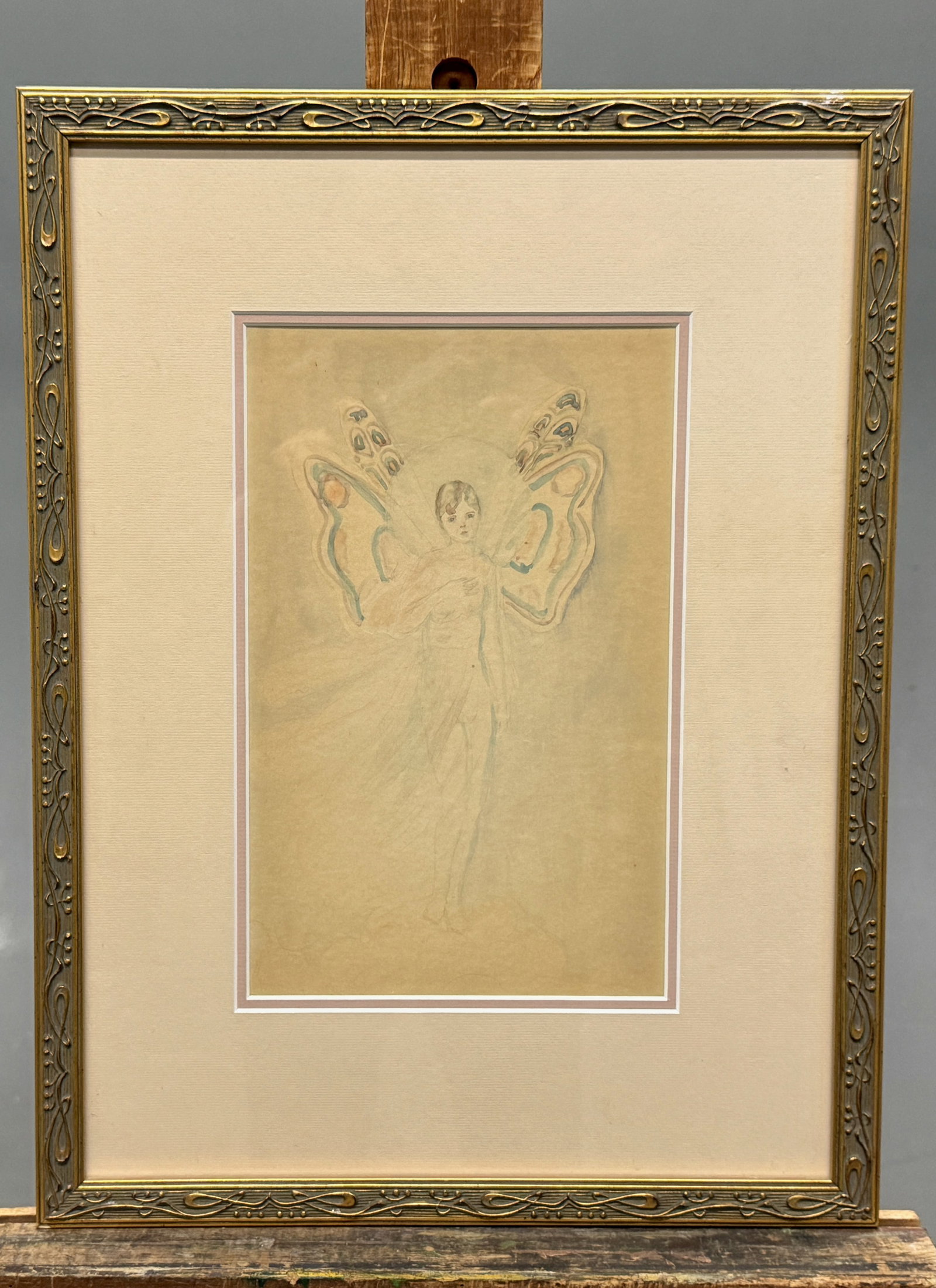 Fairy Drawing, Pencil and Watercolor: A delicate pencil and watercolor drawing of a fairy, in a style reminiscent of Art Nouveau or early 20th-century illustration. The piece is presented in a simple, ornate frame. Unknown artist. D