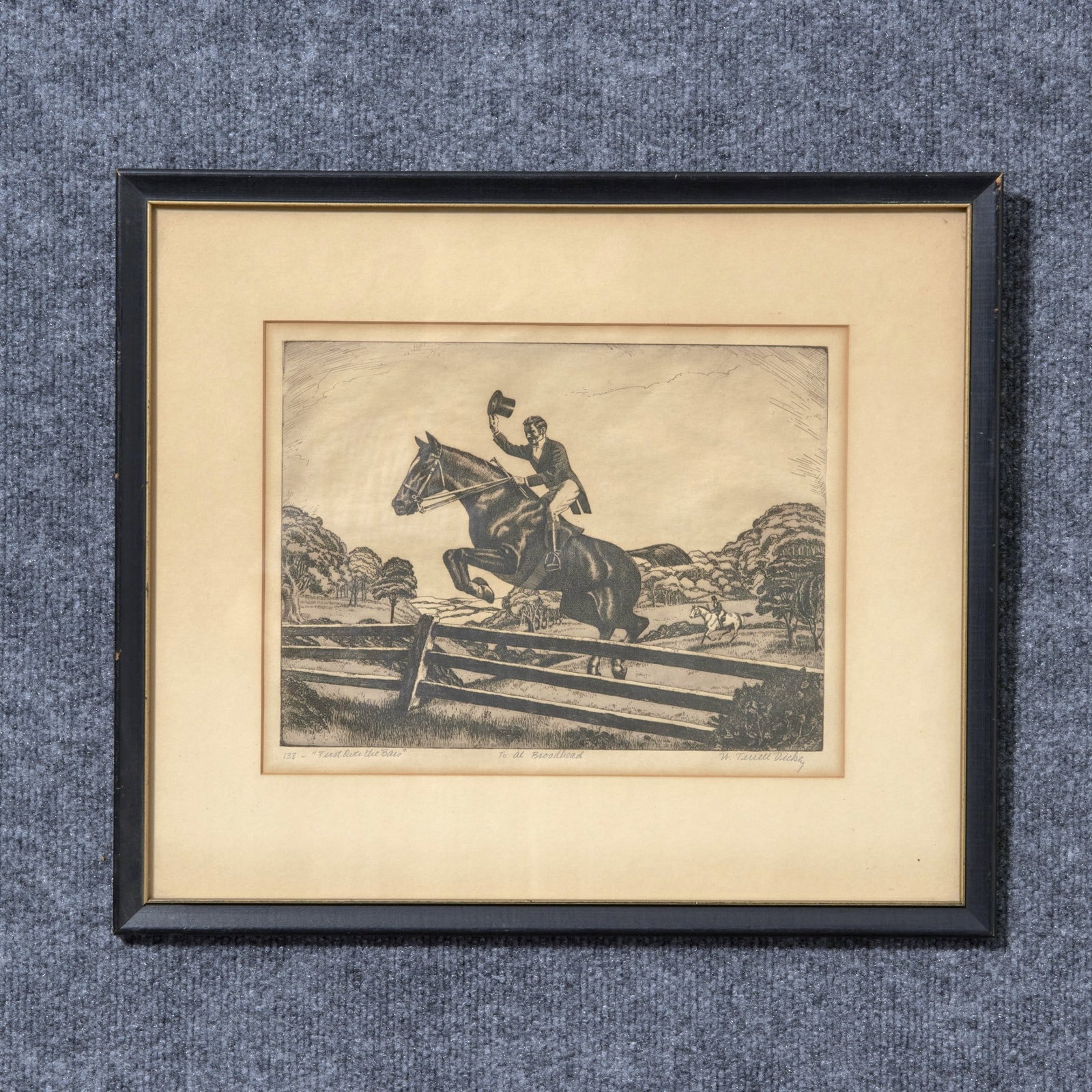 Fritz Eichenberg (1901-1990), Engraving: W. Terrell Dickey etching titled: First Over The Bars 138/250. Pencil signed lower right. Measures: 9 1/2" x 12 1/4" sight 16" x 18 1/2" overall