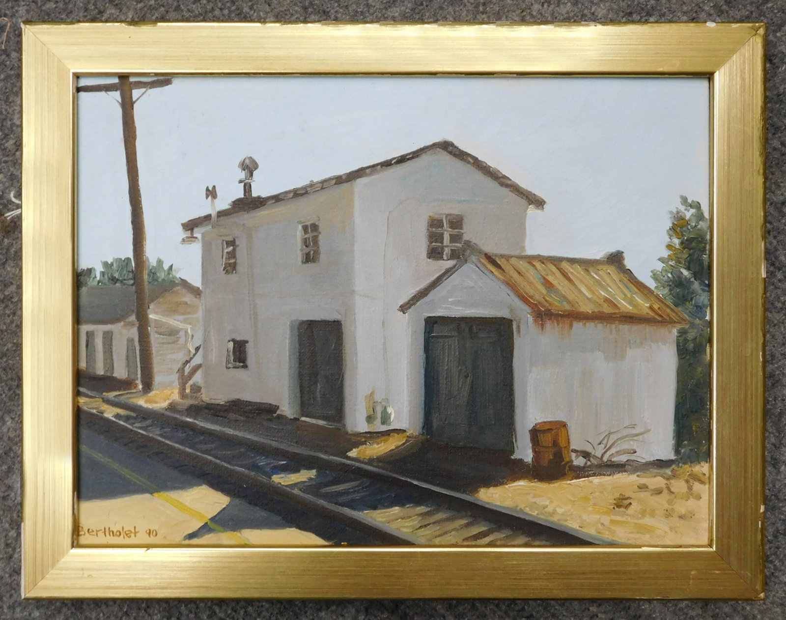 Paul Bertholet Oil on Canvas: This painting by Paul Bertholet, titled "Cottage on the Tracks" and created in 1990, showcases a serene rural scene featuring a white cottage beside railroad tracks. Bertholet's signatur
