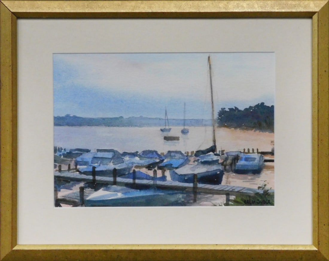 Celia Judge Watercolor on Paper: Celia Judge watercolor on paper seascape of boat docks at dusk. Framed and matted, signed lower right. Dimensions: