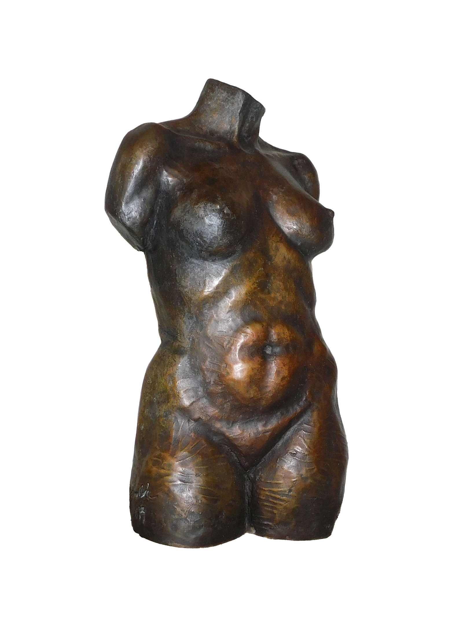 Bronze Sculpture by Alberta Gamble: Bronze sculpture of a nude female torso by Alberta Gamble, on a wooden platform base. The artwork showcases a smooth, patinated finish with an earthy, bronze-toned coloration. Dimensions: Height: 15.7