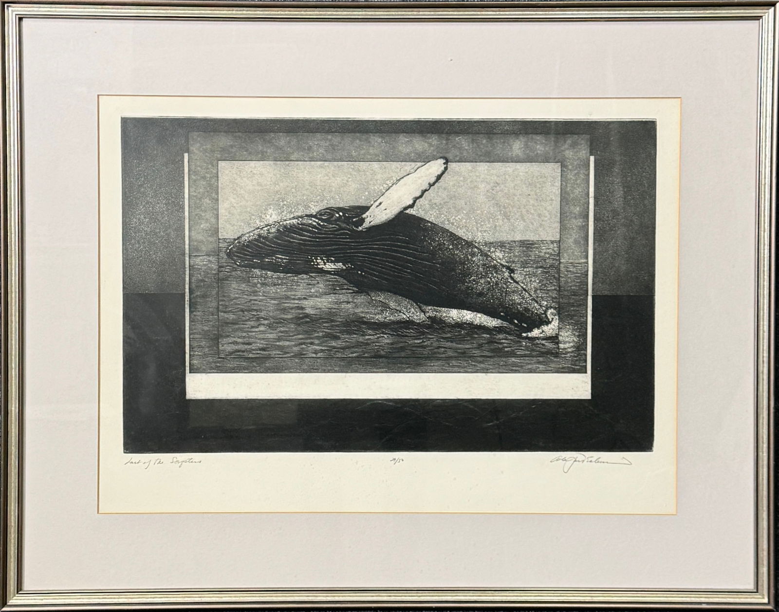 Etching by Alan James Robinson: Framed etching of a whale by Alan James Robinson, 29/50, signed lower right. Framed dimensions: 27.25" x 34.4"