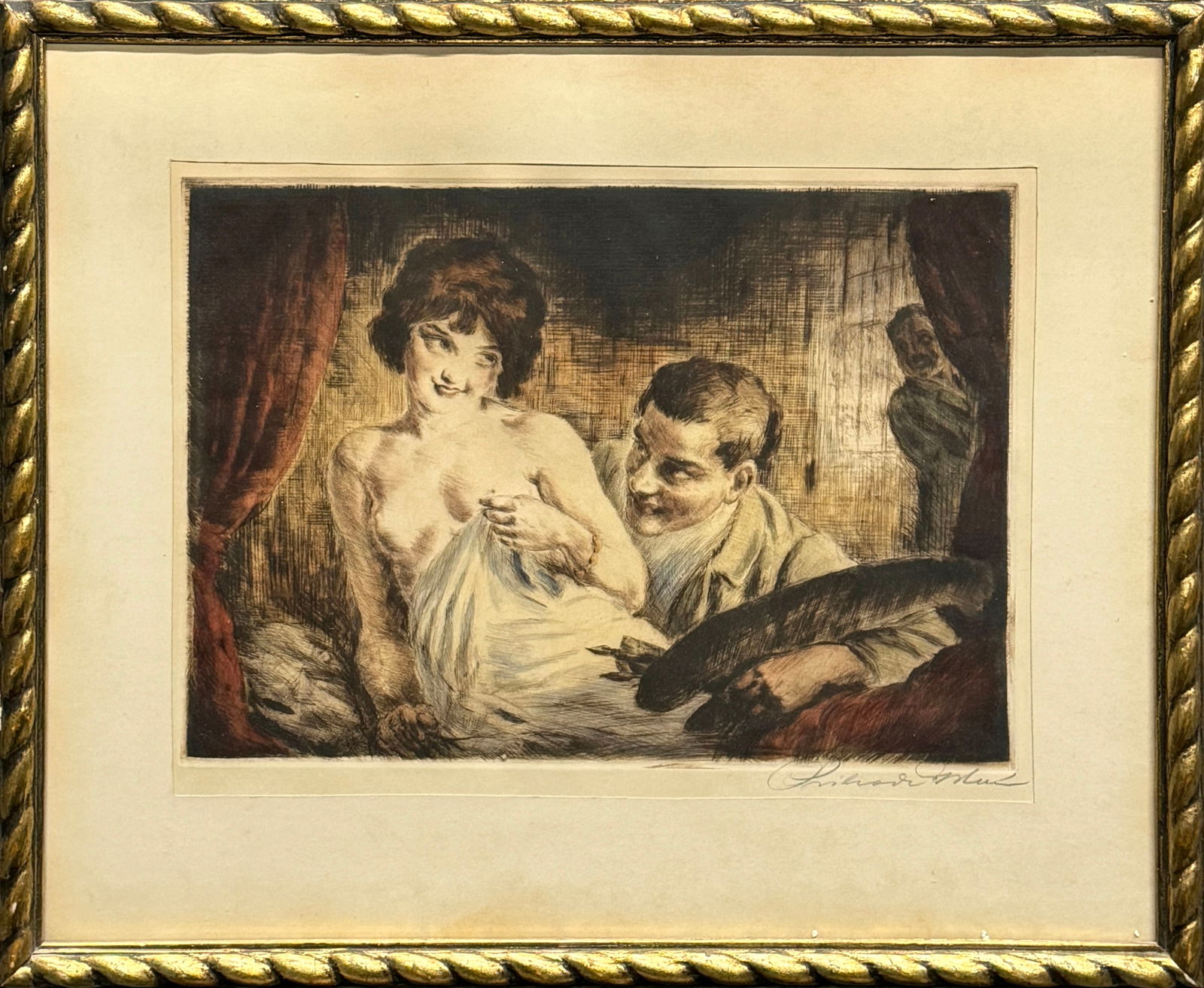 Signed Early 20th-Century Hand-Colored Etching (1 of 4)