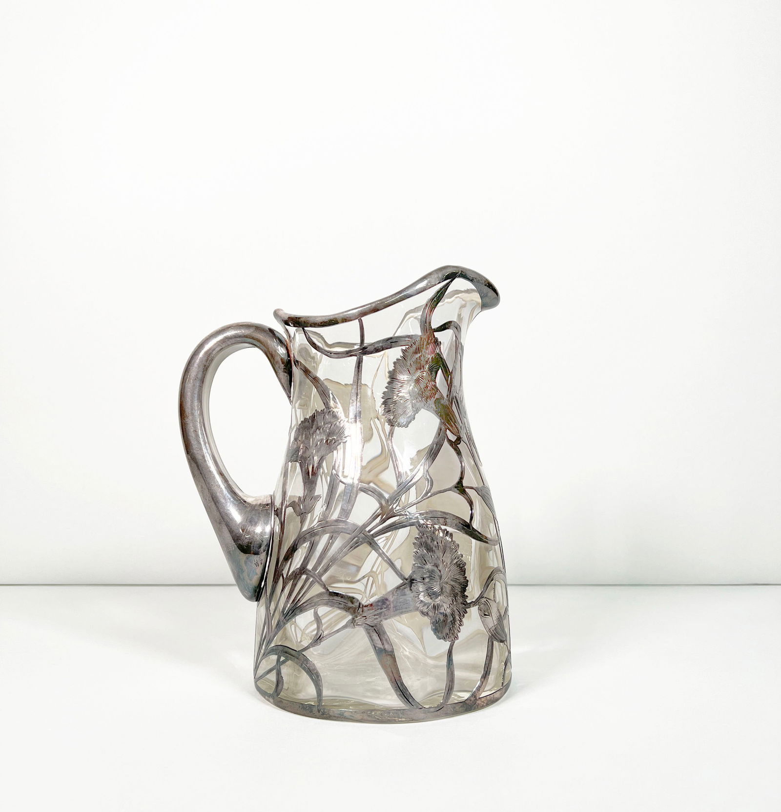 Art Nouveau Glass and Silver Overlay Pitcher
