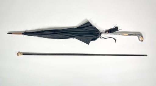 Antique Gilt-Topped Walking Stick & Silver Handled Silk Parasol