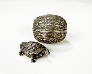 Two Sterling Silver Boxes, Walnut & Tortoise Forms