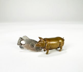 Antique Brass Pig Vesta / Match Case & Silver Cigar Cutter
