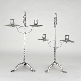 Pair of Silver-Plated Two-Arm Candlesticks with Paw Foot Base