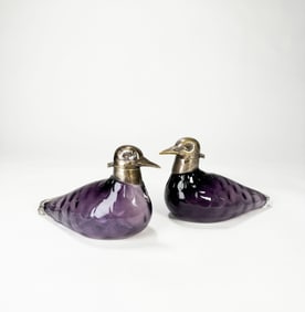 Pair of Continental Silver Plate Mounted Glass Dove Form Decanters