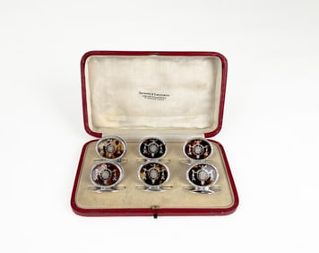 Cased Set of Six William Comyns Sterling Silver & Tortoiseshell Menu Holders