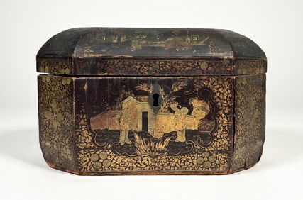 Antique Chinese Lacquer Tea Caddy with Dual Compartments and Pewter Inserts